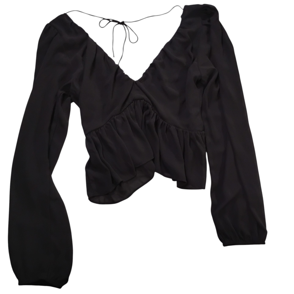 H&M Sheer Black Long-Sleeve V-Neck Peplum Blouse - Picture 3 of 7